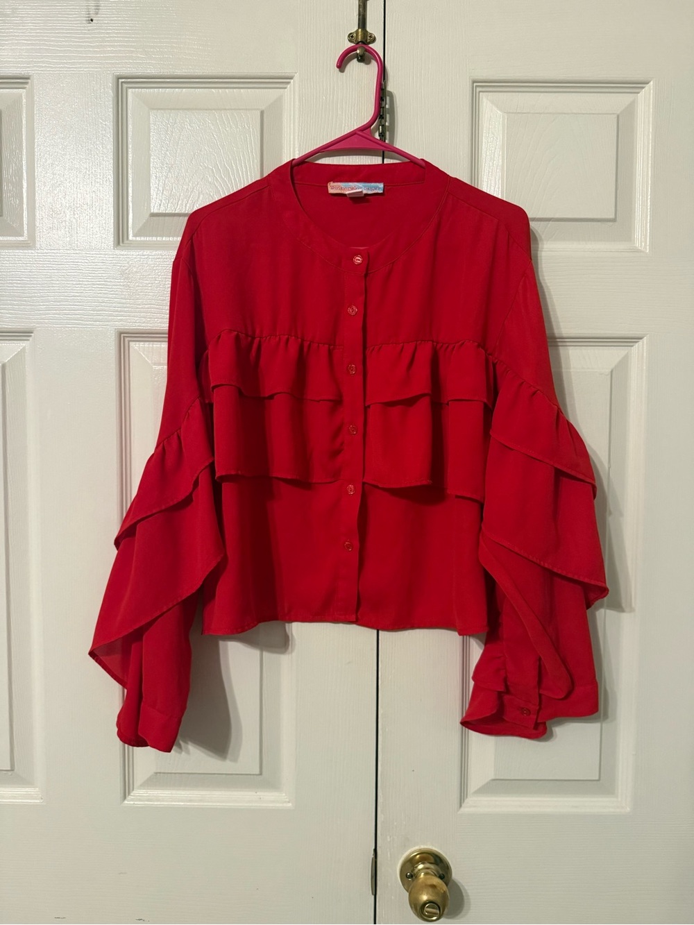 Women’s Red Ruffle-Front Button Blouse